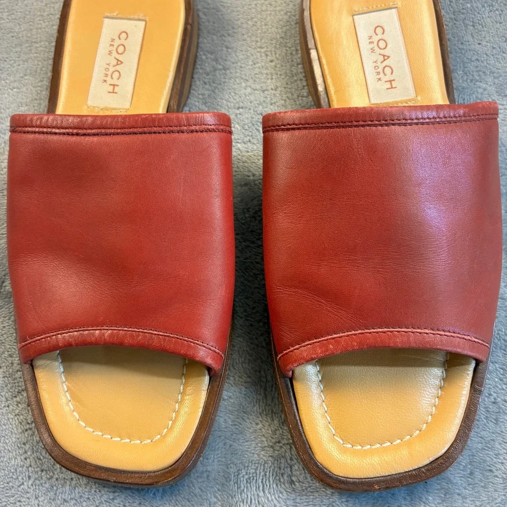 Coach Red Leather Slide Sandals Made in Italy Square Toe Flat Mules Women's 7B